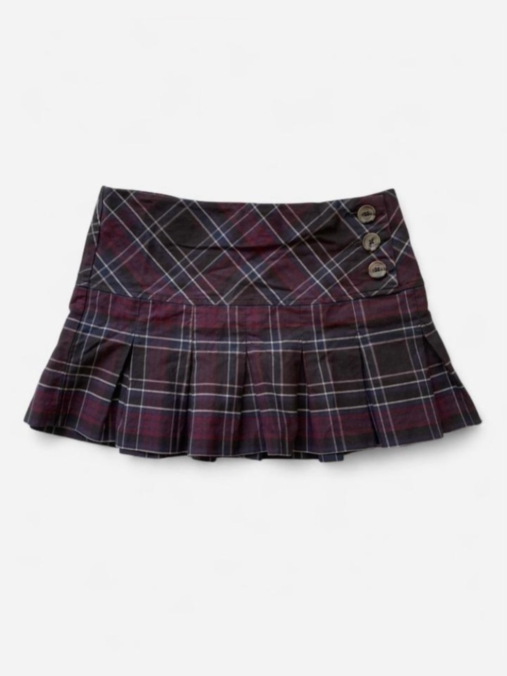 Y2k NOBO Burgundy Plaid Pleated Mini Skirt with Button Detailing